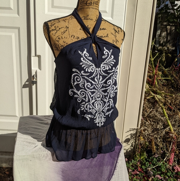 Cache Tops - Embroidered Siz M Navy Blue Halter Top; Adjustable Keyhole Collar, Elastic Waist